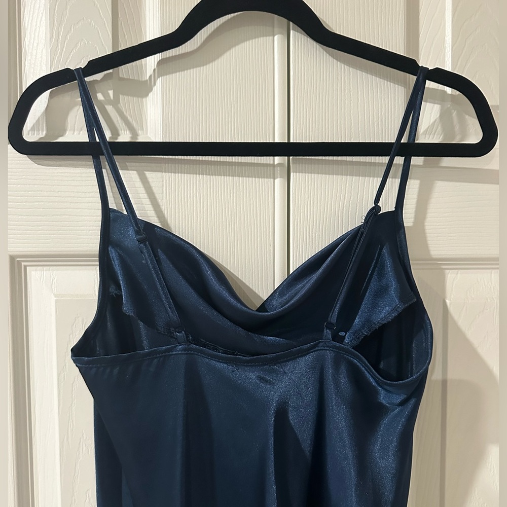 Bebe thin strap, navy blue silk dress, knee length with cowl neck - Picture 2 of 5